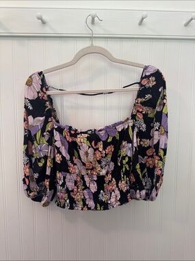 AFRM Black Floral Smocked Crop Top with Lavender & Pink